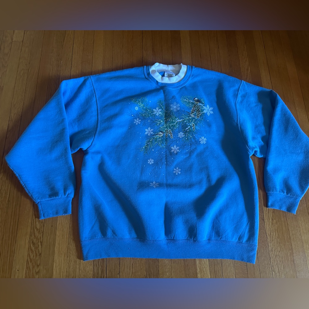 Vtg Pleasant Shade Grandmacore Chickadee Snowflake Collared Sweatshirt, Size XL